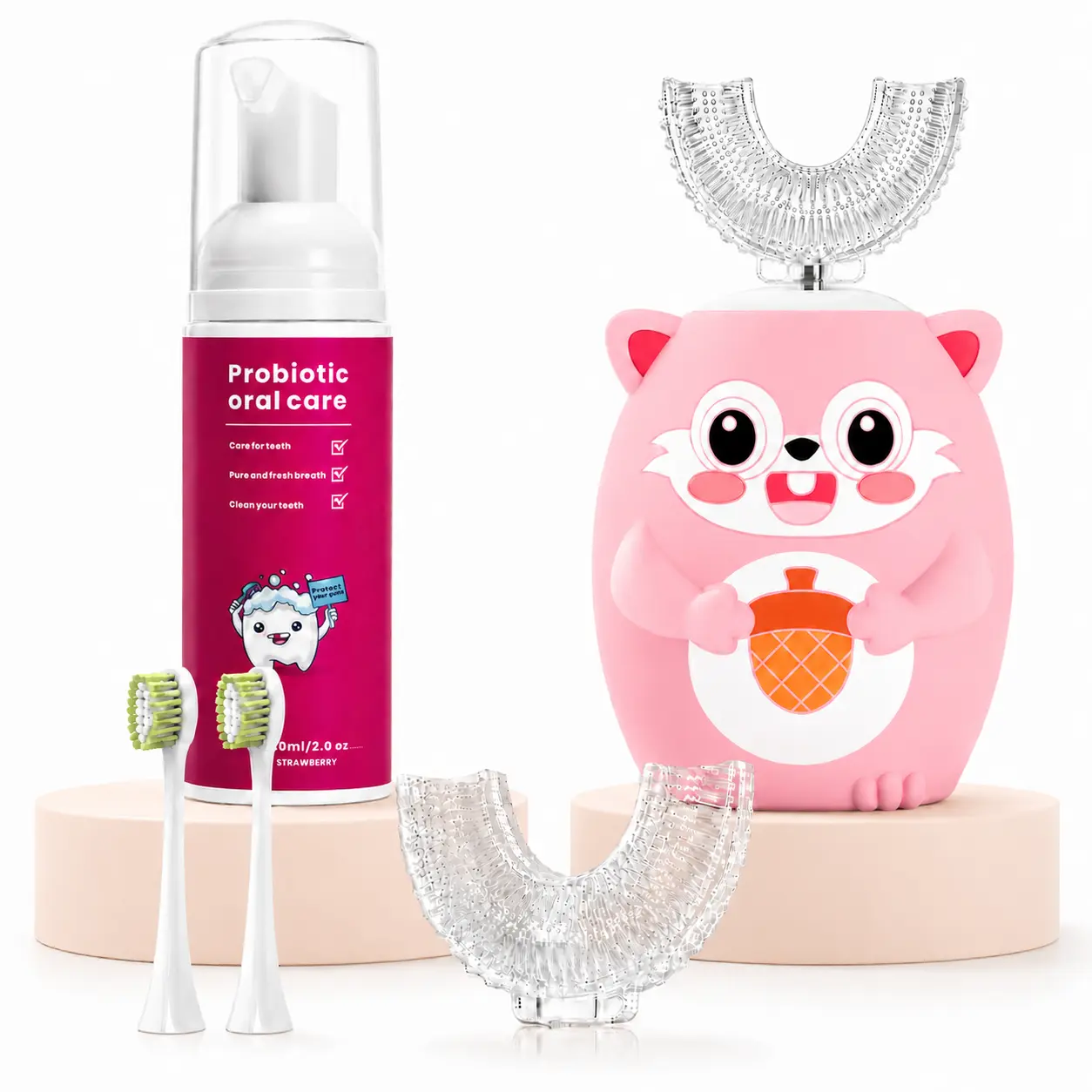 Kids U-Shaped Electric Toothbrush Set Pack with Built-in Cells, Strawberry Foam Toothpaste, 2 Traditional Brush Heads, 2 U-Shaped Brush Heads, Cute Squirrel Oral Care Kit for Children’s Teeth