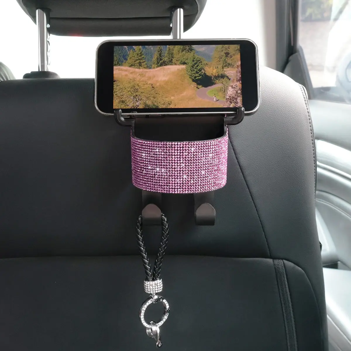 1pc New Water Diamond Multifunctional Car Seat Storage Box With Cup Holder That Can Be Used As A Phone Holder 2-In-1 Car Hook Storage Box Durable With Easy To Install Hooks Backseat Storage Car Interior Storage
