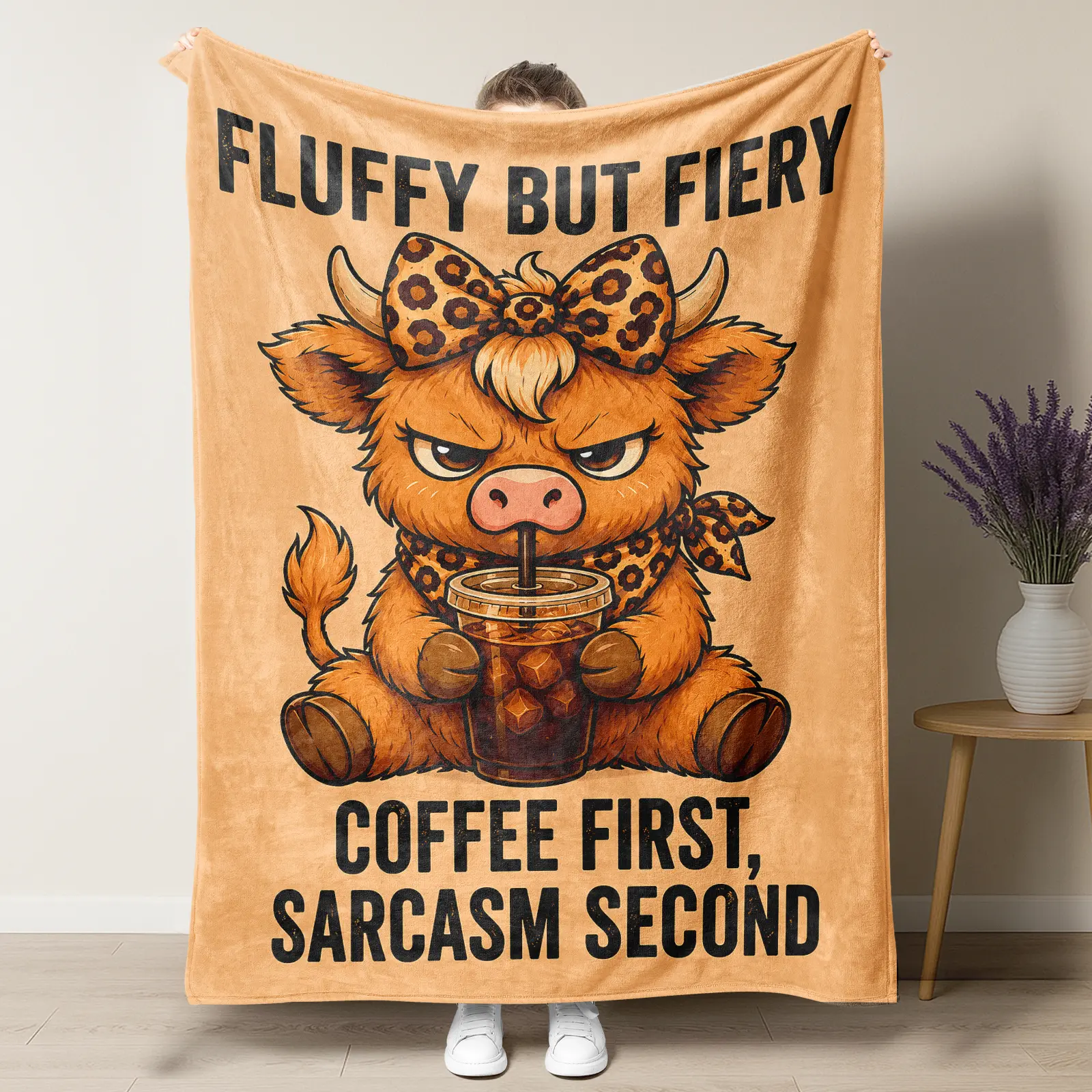 Fluffy But Fiery Grumpy Funny Highland Cow Blanket, Coffee First Sarcasm Second Leopard Print Cozy Throw, Ideal Western Gift for Coffee Lovers & Sassy Country Women