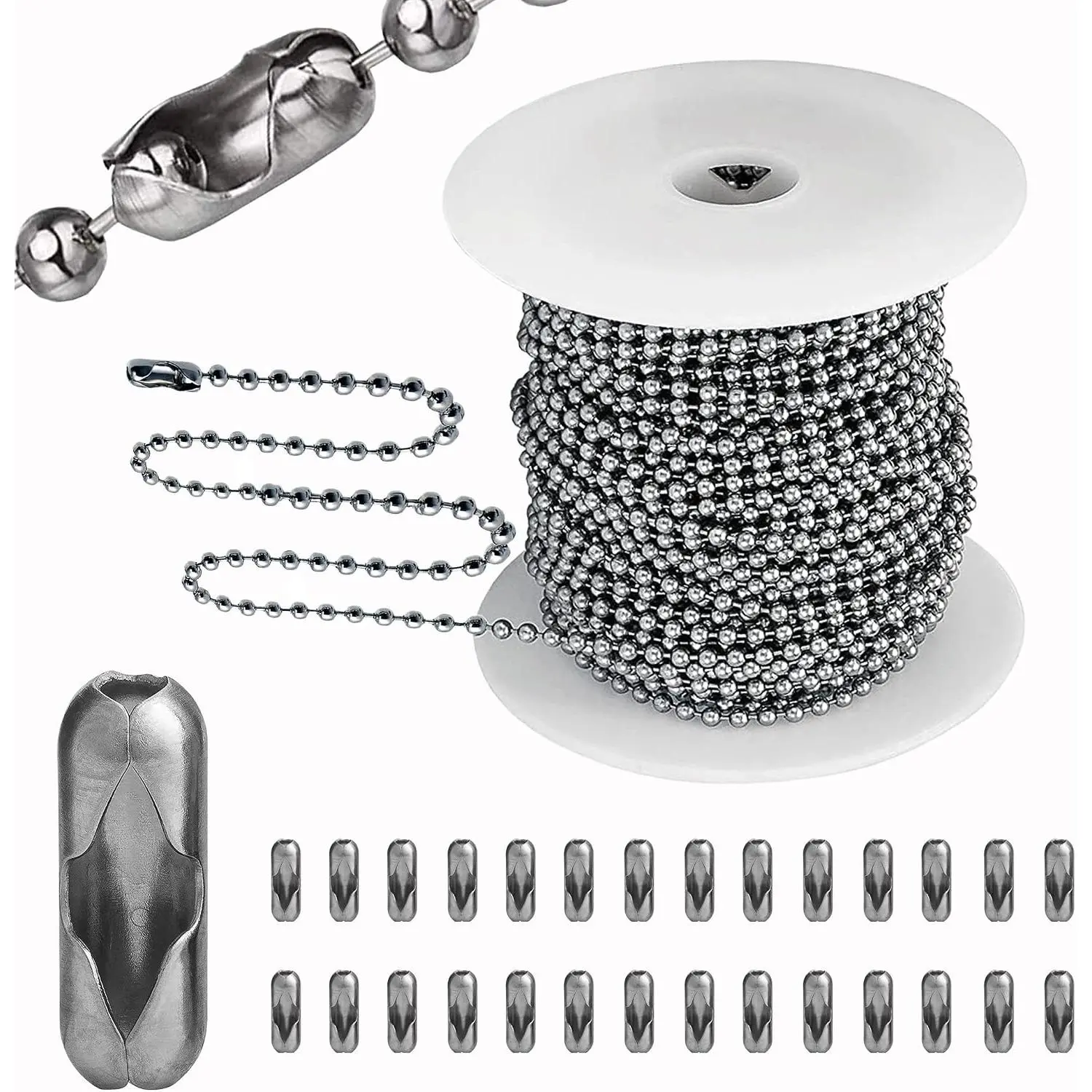 Ball Bead Chain, 55ft Stainless Steel Chain Ball Chain Necklace Bulk with 100 count Matching Connectors Clasps for  Making, Necklace ,  Tag, DIY Crafts