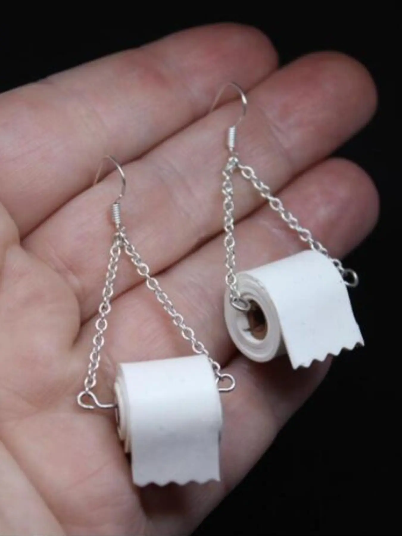 The Ultimate Mini Toilet Roll Dangle Earrings Funny Quirky Silver Double Chain Hook Earrings Set Unique Novelty Statement Gift for Her Chain Dangles
