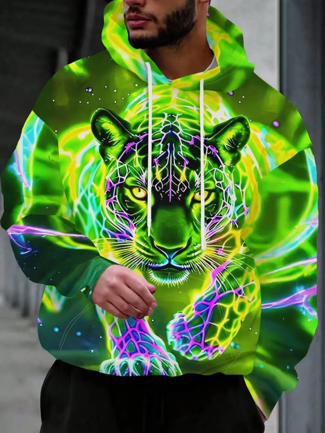Trendy Neon Tiger Print Hoodie Set, American High Street Style, Plus Size, Couples' Long Sleeve Pullover, Casual All-Season Wear