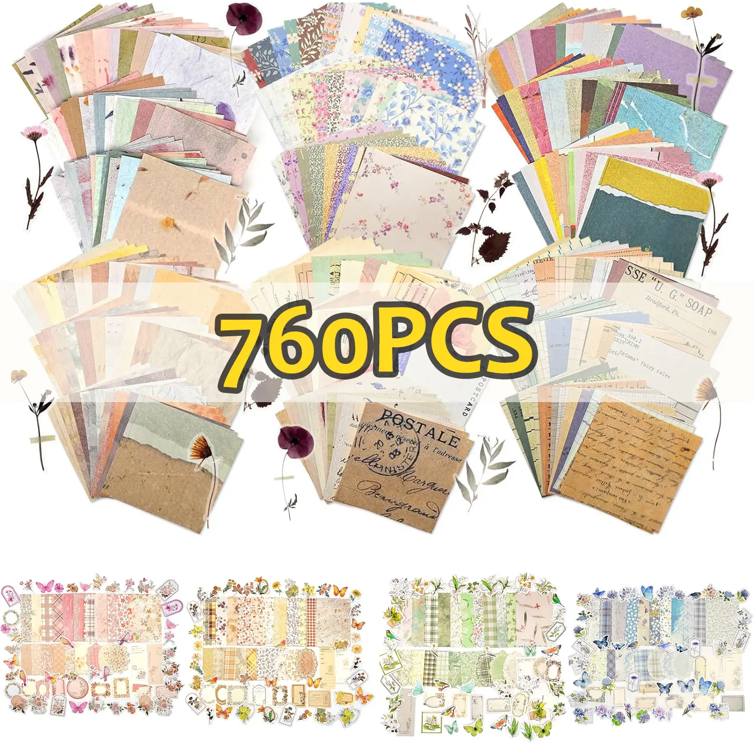 760Pcs Vintage Scrapbook Supplies Kit, 360 Sheets Decorative Junk Journal Paper + 400Pcs Die-Cut Floral Butterfly Stickers, Retro Ephemera Material for Planner, Album, Collage DIY Craf