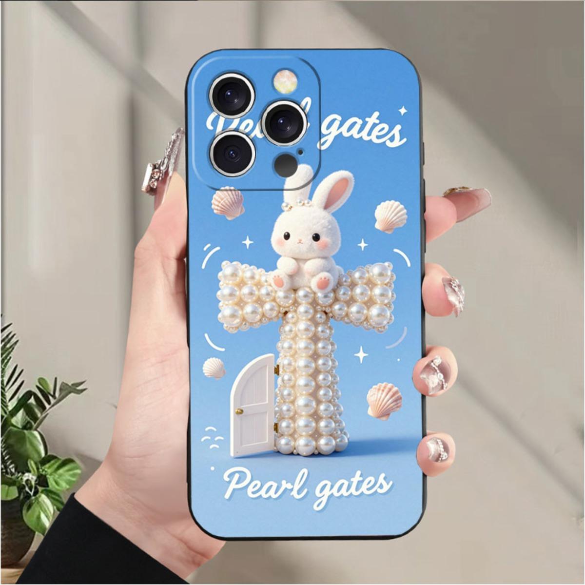 Phone case: Pearl Door religious Christian theme phone case, decorated with a cute rabbit on a pearl cross, featuring shells and glitter, suitable for iPhone 17/17pro/16/X/XS/XR/11/12/13/14/15/16Plus/17ProMax, printed imitation liquid phone case