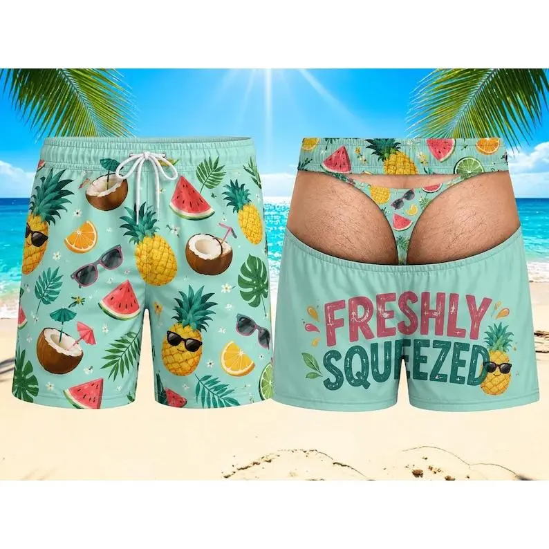 Mens Novelty Beach Shorts Tropical Fruit Pineapple Watermelon Graphic Optical Illusion Print Funny Prank Gift For Him Husband Summer Beach Party