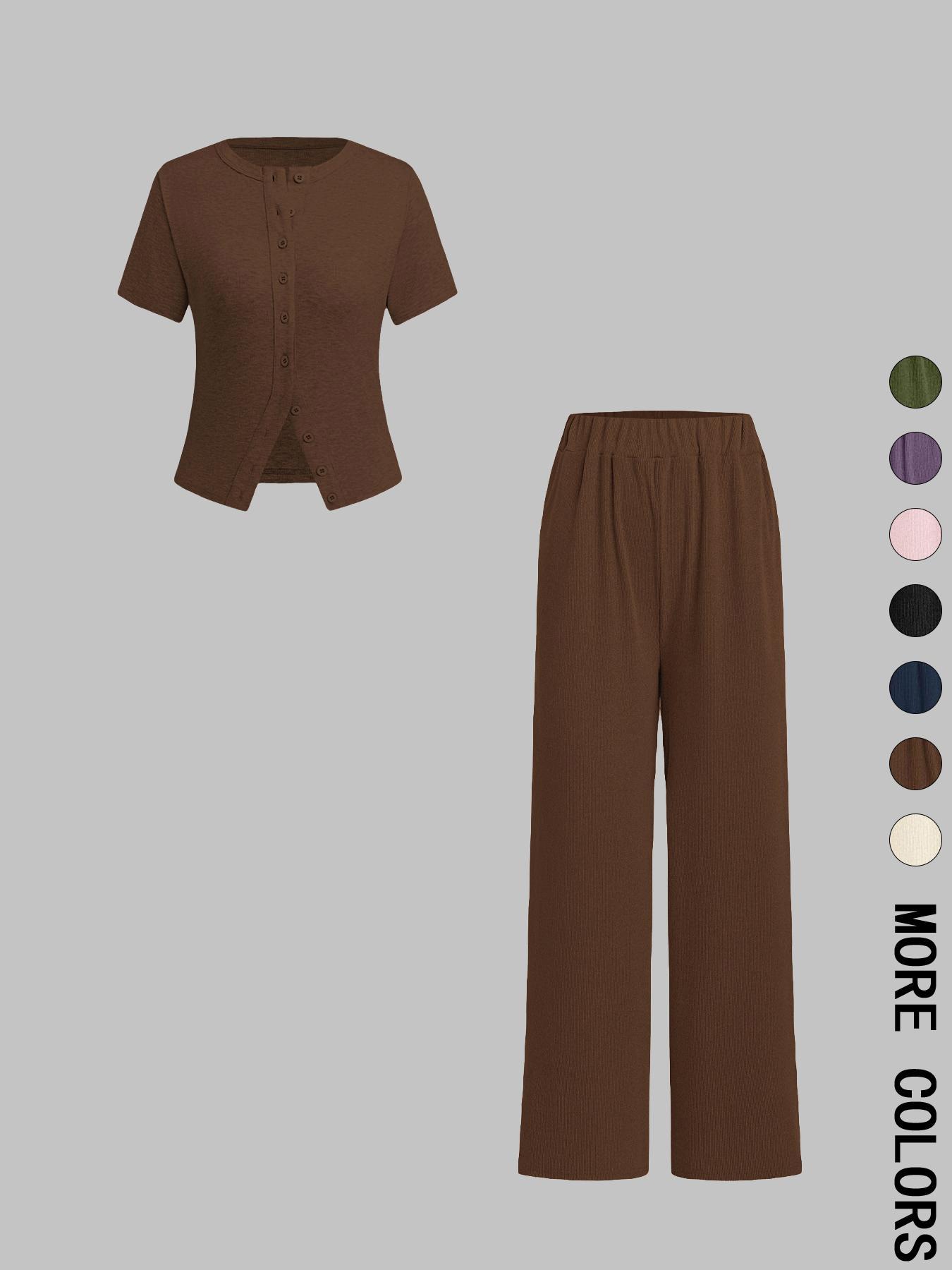 Women's Solid Ribbed Basic Crop Top & Wide Leg Pants Two-piece Set, Casual Fashion Cozy Fitted Top & Trousers for Daily Outdoor Wear, Ladies Clothes for All Seasons,Airport Outfit