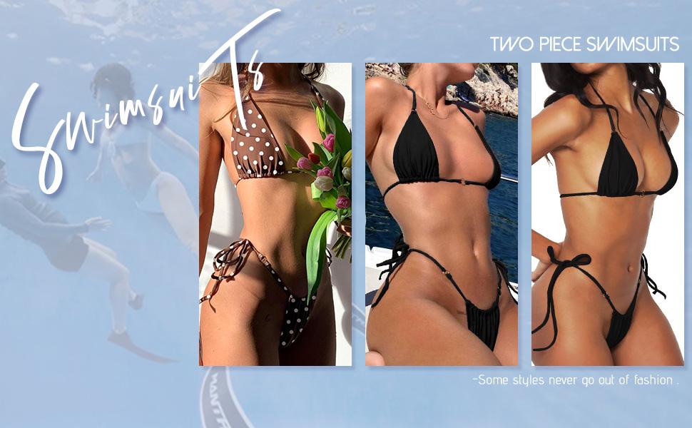 Women Halter String Bikini Set Sexy Thong Cheeky Two Piece Swimsuits Solid Color Bathing Swimwear