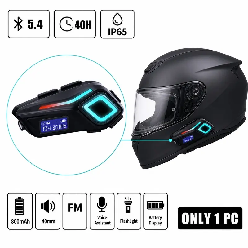 Bluetooth Motorcycle Helmet Speaker for Riding, Wireless Helmet Headset with Up to 40H Talk Time, FM Radio and Voice Assistant