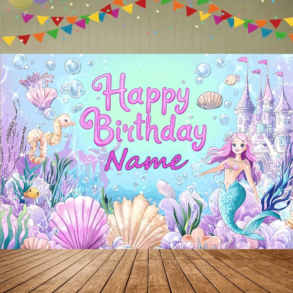 Custom Mermaid Theme Tapestry - Lightweight Premium Polyester Print Photography Backdrop, Birthday Party Photo Booth Decor, Indoor-Outdoor Wall Decoration, Little Mermaid Graphic Tapestries, Mermaid Theme Tapestries