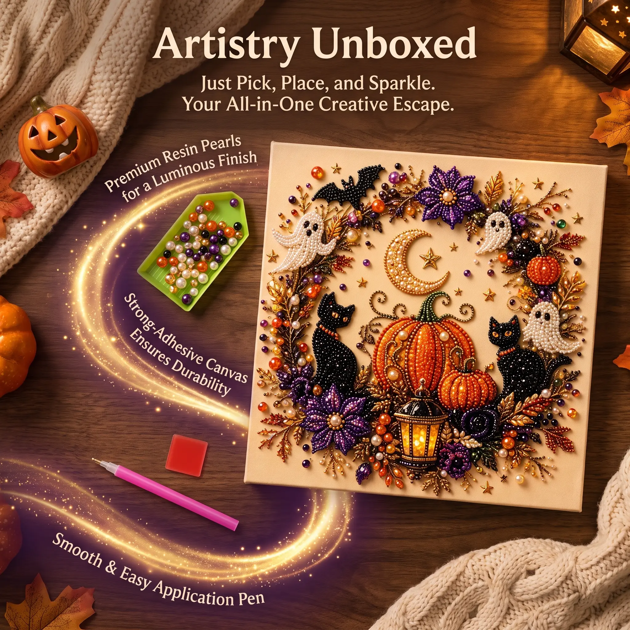 Halloween Diamond Art, Halloween Ghost Pearl Art DIY Kit - Turn Tiny Pearls Into Spooky-Cute Magic, DIY Fall Home Decor Wall Arts, Beginner DIY Seasonal Party Gift-YY2