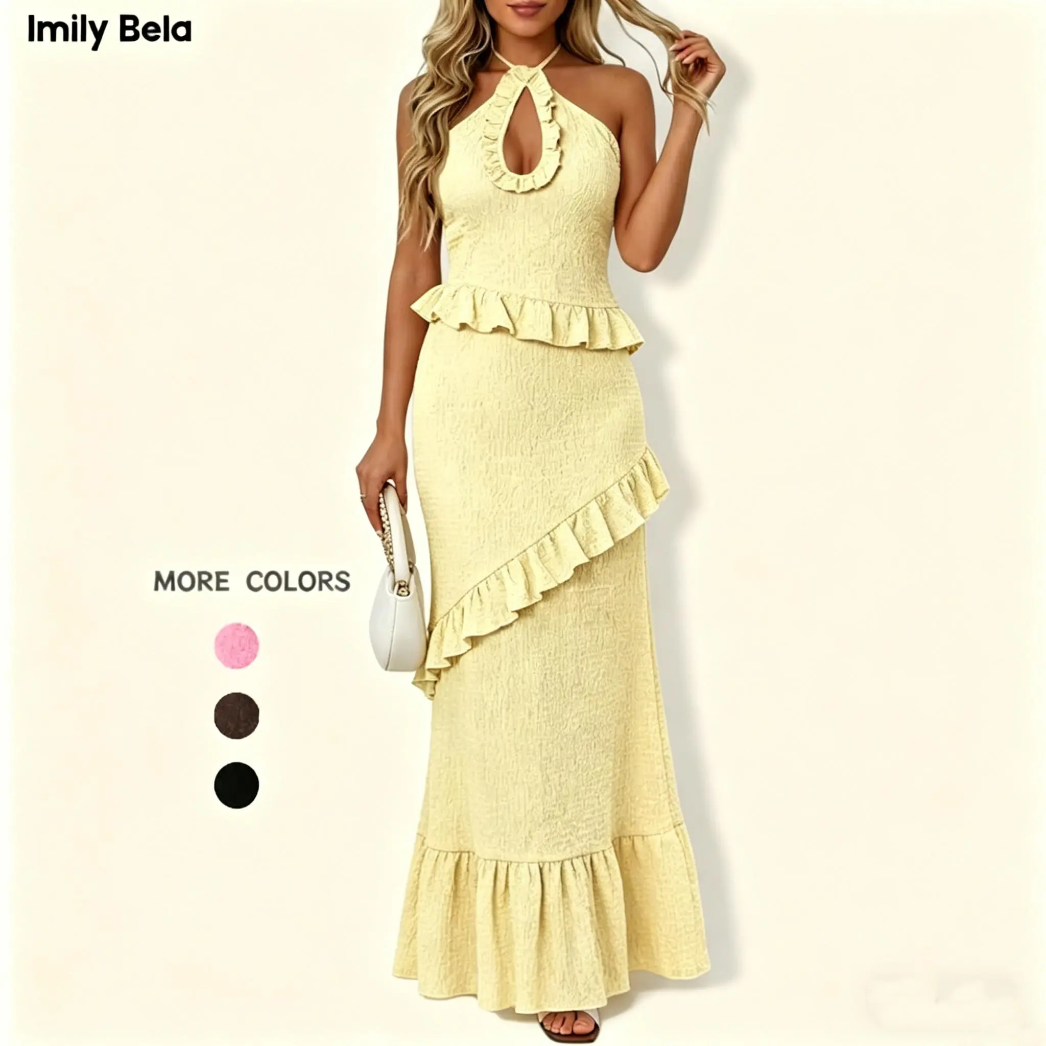 Imily Bela Womens Sexy Halter Maxi Dress Cutout Sleeveless Ruffle Tassel Backless Party Club Boho Summer Dresses Womenswear