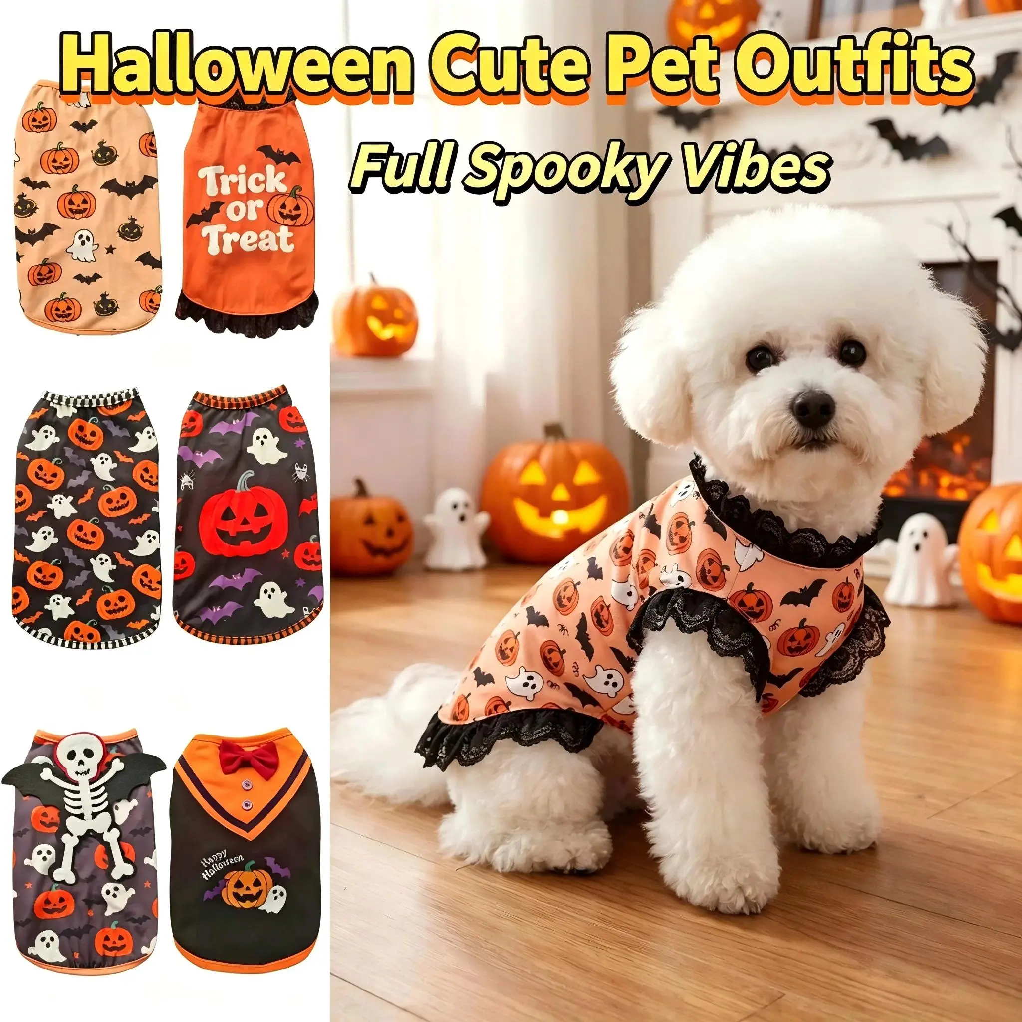 Halloween Costume for Small Dogs, Funny Pumpkin & Bat Print Puppy Outfit, Cute Dog Clothes for Bichon Frise, Toy Poodle & Other Small Breeds, Halloween Party Costume & Photo Outfit