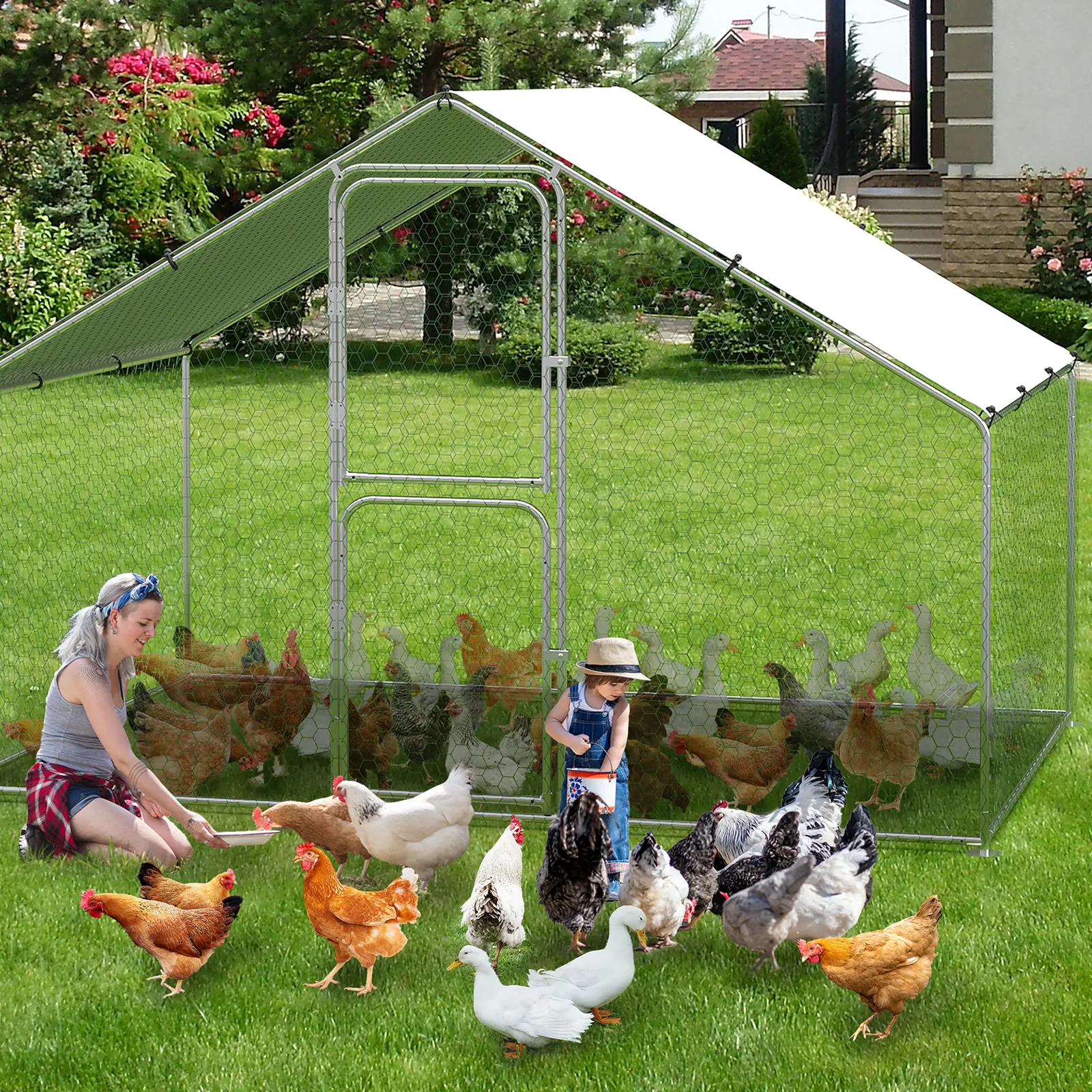 Heavy-Duty Walk-In Chicken Coop – Galvanized Steel Frame, Spire Roof & UV-Proof Cover, Secure Outdoor Hen House for Farm & Backyard