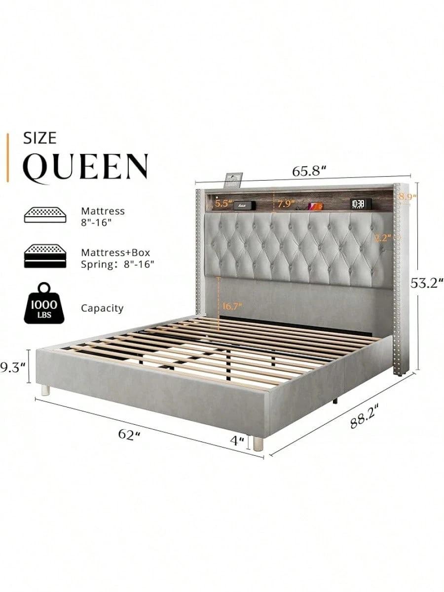 Queen/King Size Velvet Upholstered Platform Bed With Wingback Design, Integrated LED Lights, Charging Station, And Under-Bed Motion Sensor Lighting – No Box Spring Required, Built-In Storage, Black