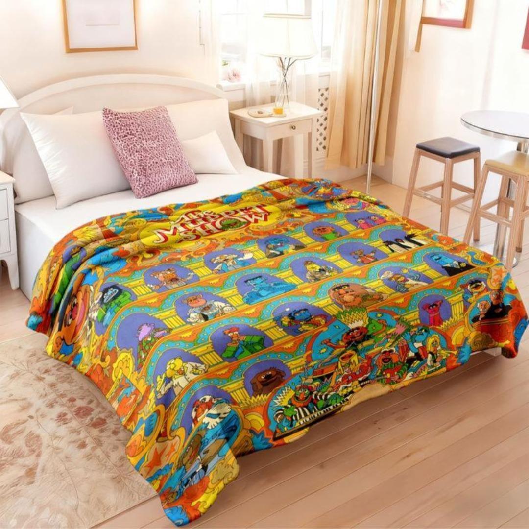 The Muppet Show Flannel Blanket, Colorful Theatre Collage Design with Classic Characters, Soft Cozy Throw Blanket for Bed Sofa Couch Nap Office Travel Camping, Bright Decorative Nostalgic Cartoon Blanket Bedding for Kids & Fans Gift Cartoon Blanket Hallow