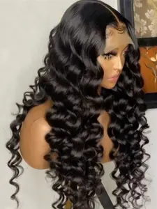Soft Long 26-Inch 180 Density Natural Black Deep Wave Curly Lace Front Wig, Glueless Pre-Plucked Heat Resistant Synthetic Daily Wear Hairpiece Pre Plucked Wigs