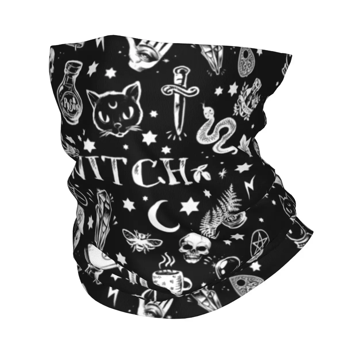 Gothic Witch Magic Pattern Seamless Headband, Multi-Use Face Mask Scarf, Halloween Witch Cat Skull Band, Sun Protection Towel