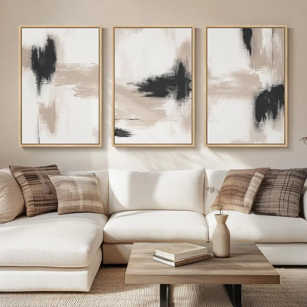 3 Pieces Contemporary Abstract Design Black Beige Minimalist Art, Canvas Wall Mural, Simple Elegant Home Art, Contemporary Gallery Decor, Neutral Tone Painting, Wall Decor for Living Room, Bedroom and Study, Framed or Unframed.