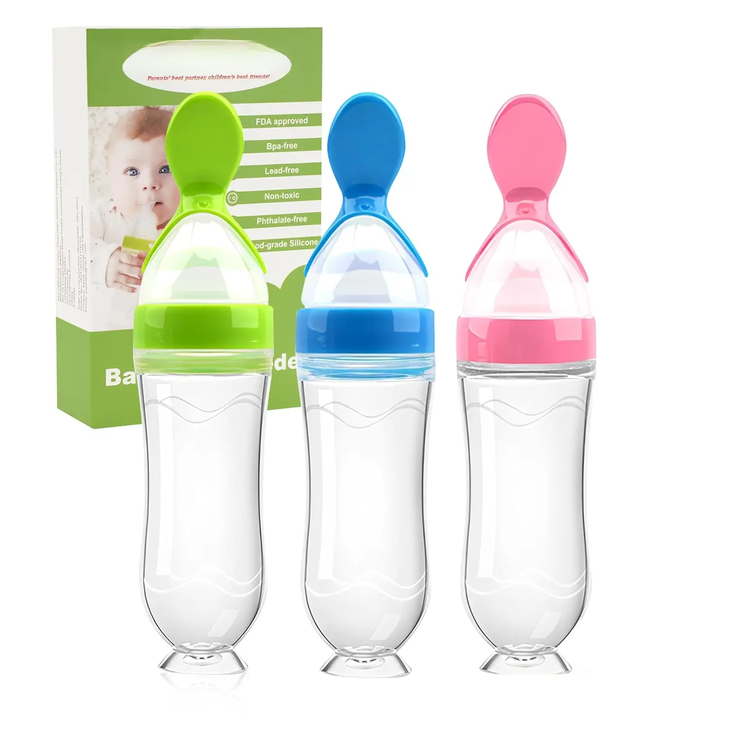 Baby Food Feeder 3 Pack Silicone Baby Food Dispensing Spoon with Standing Base  Infant- 3 oz Squeeze Feeding Spoons with Suction Cup  Boys Girl Kids Toddlers - Self Feeding Bottle Spoon