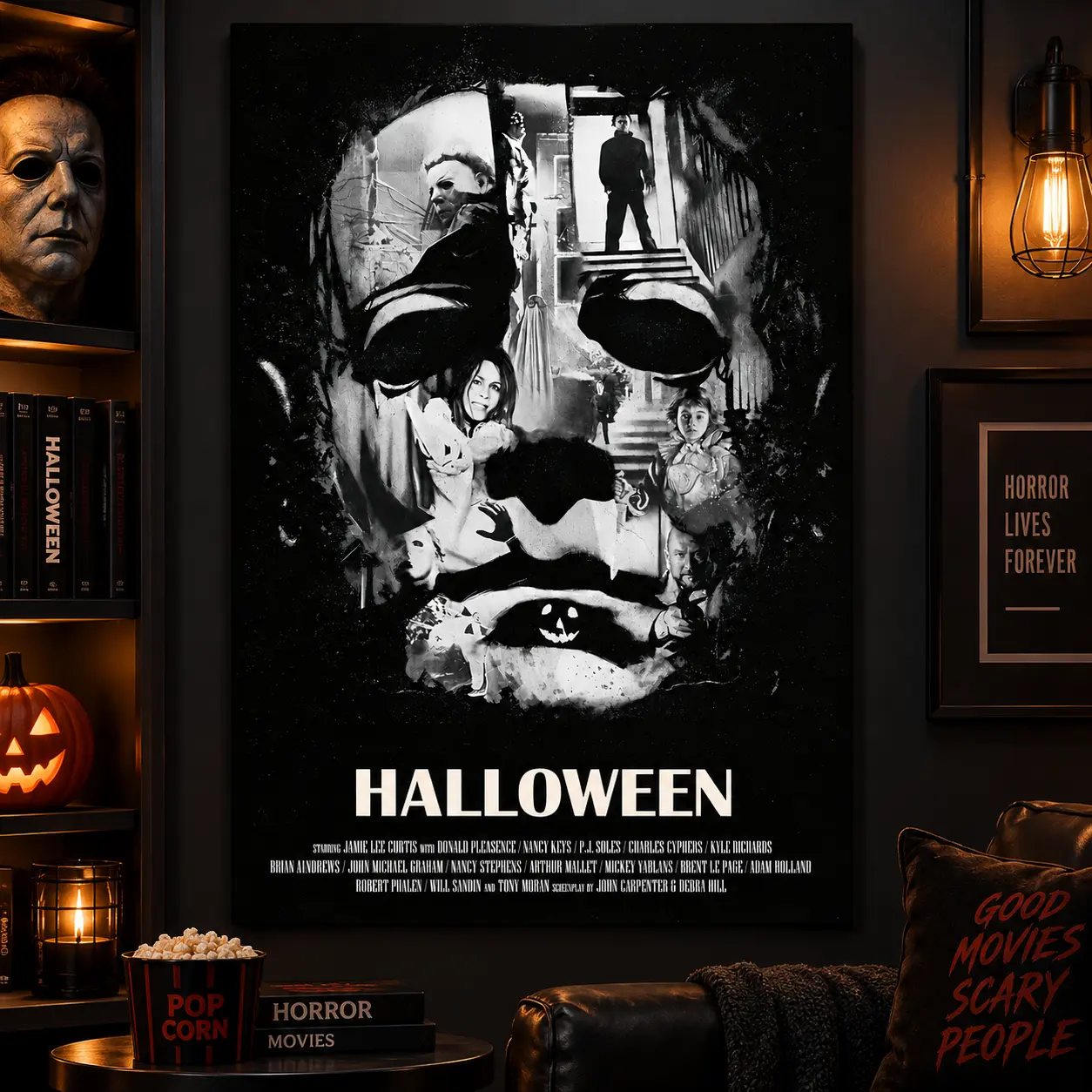 Halloween Horror Canvas Wall Art Print, Retro Slasher Movie Poster Artwork, Spooky Masked Killer Home Decor for Bedroom Living Room Gaming Room Office, Vintage Scary Film Aesthetic Decoration, Horror Fan Gift, Framed or Unframed Canvas Wall Decor Art Gift