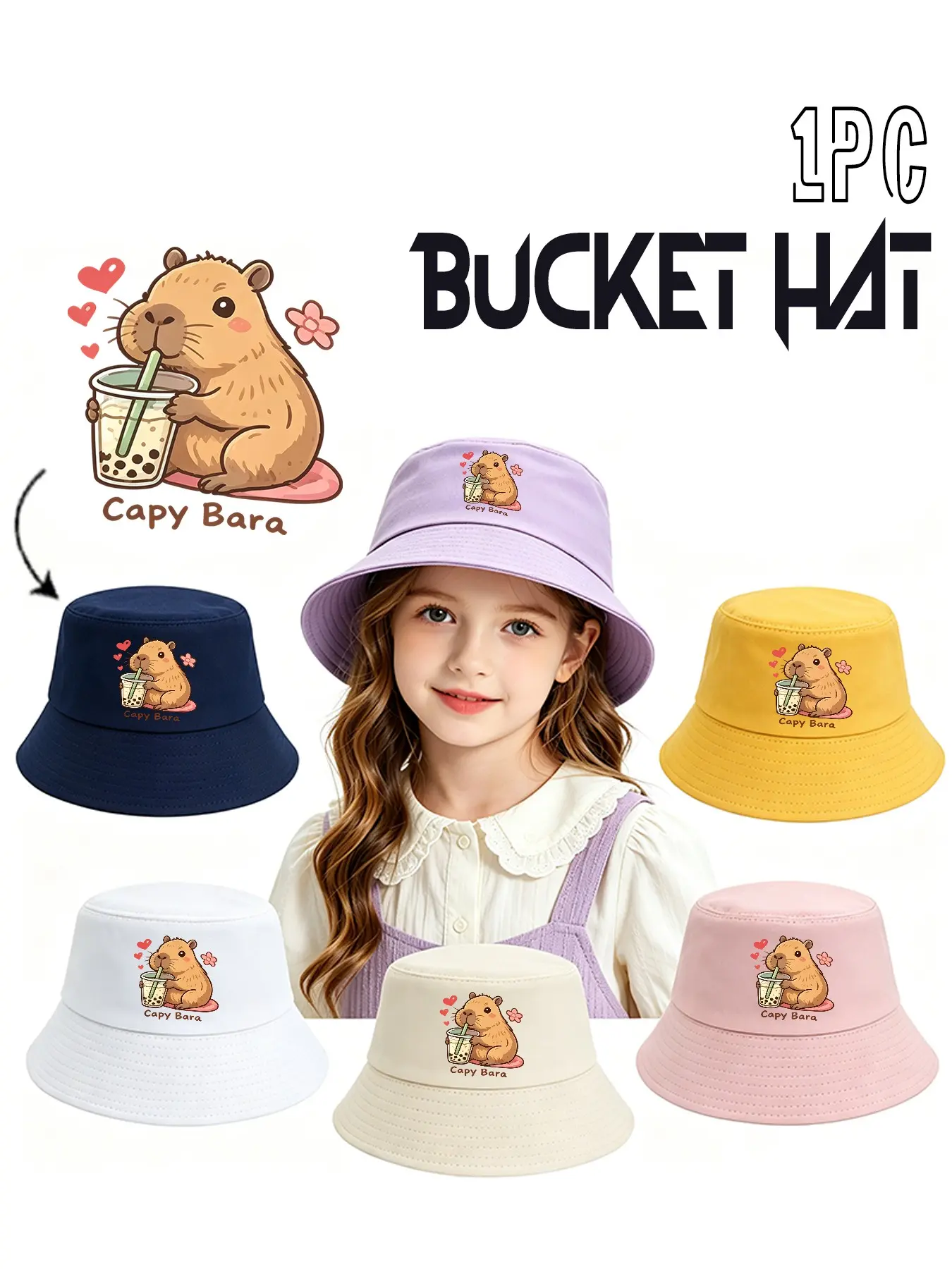 Cute Capybara Drinking Boba Print Kids Cotton Bucket Hat, Breathable Soft Wide Brim Kawaii Aesthetic Fisherman Cap, Cartoon Animal Sun Hat for Girls Summer Streetwear Beach Matching