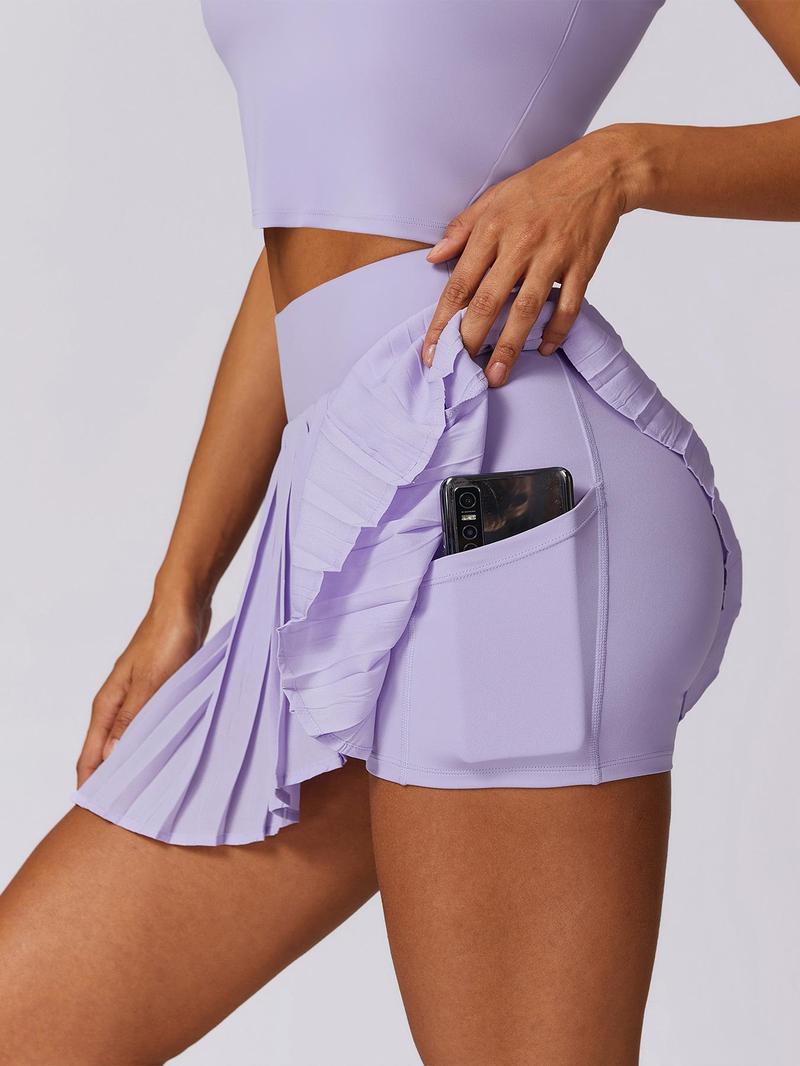 Women's 2 in 1 Pleated Pocket Sports Skort, Solid Color High Stretch Skirt for Tennis Gym Workout, Ladies Sportswear, Golf Attire, Activewear