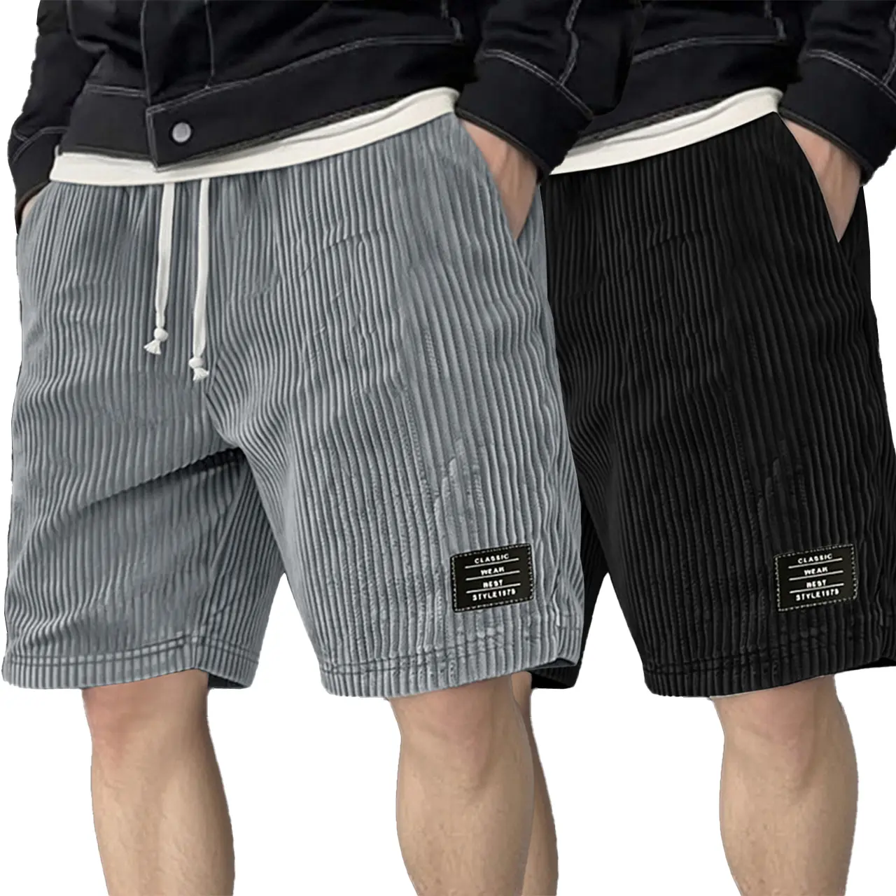 Men's Korean Preppy Corduroy Shorts, Relaxed Fit Above the Knee Cut with Adjustable Drawstring Waist (1 or 2 Pack), Baggy Corduroy Men's Shorts