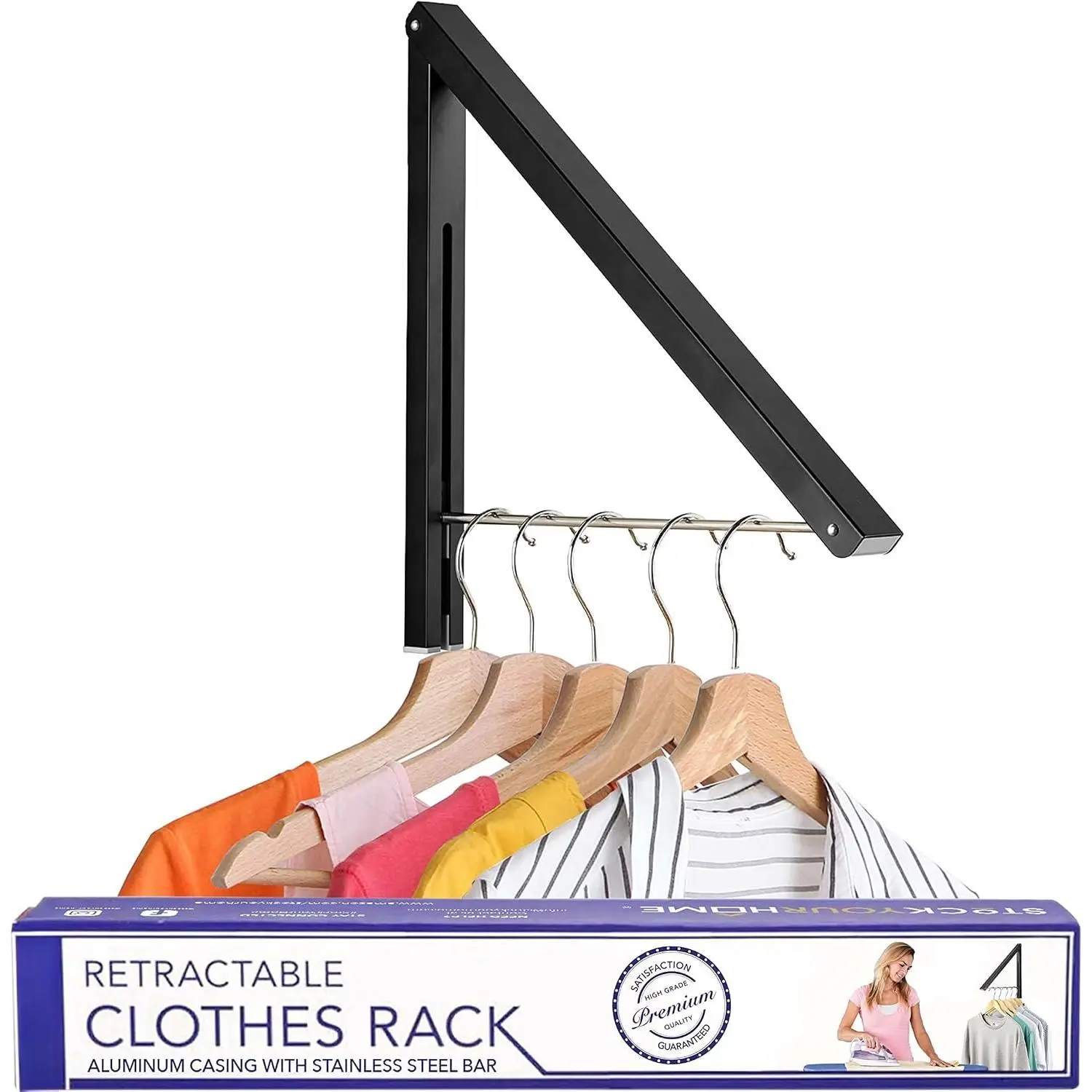 Single Foldable Clothing Rack, Wall-Mounted Retractable Clothes Hanger for Laundry Dryer Room,  Drying Rod, Small Collapsible Folding Garment Racks, Dorm Accessories (Black)