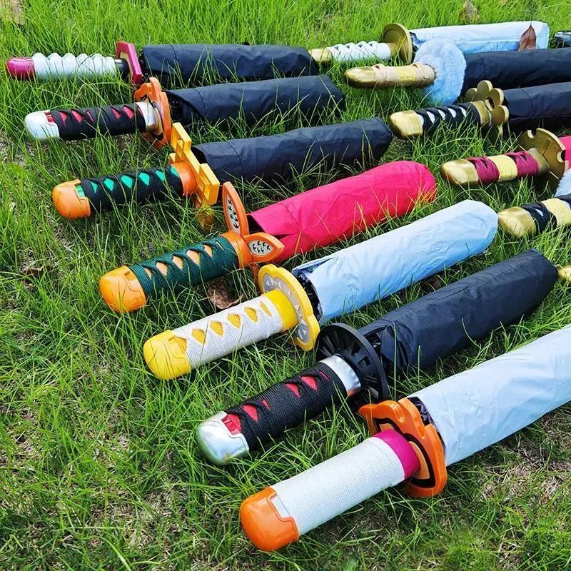 Kamado Tanjirou Katana Sunny Rainy Umbrella 3 Fold Sunscreen Rain-proof Demon Slayer One Piece BLEACH Japanese Sword Roronoa Zo