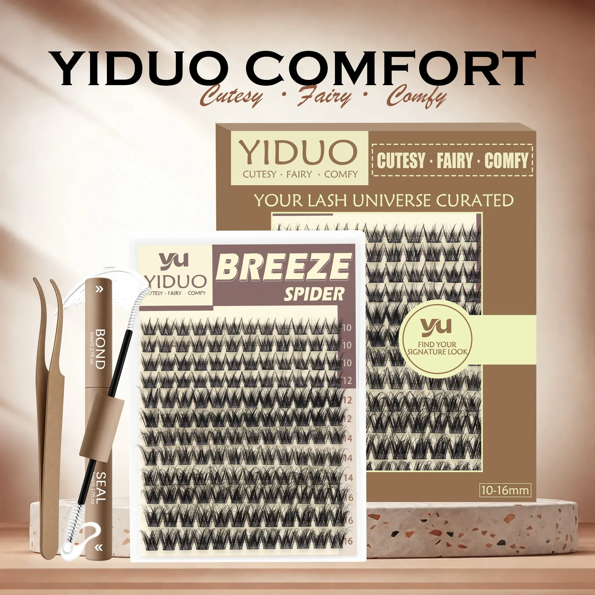 YIDUO Spider Lash Clusters Kit, 10-16mm D Curly Wispy Lashes, 0.03mm Ultra-Soft Band, w/ Tweezers & 2in1 Bond/Seal, Waterproof, Feather-Light, Beginner-Friendly.