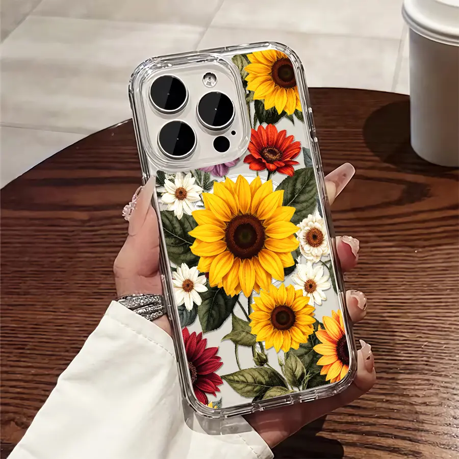 Phone Case: 1pc Sunflower Floral Phone Case Suitable for Apple iPhone 17 E Air Pro ProMax iPhone16 15 14 Plus 13 12 Mini 11 X XS XR Shock Proof Transparent Mobile Phone Magnetic Case Vintage Exquisite Fashion Can Be Given to Friends