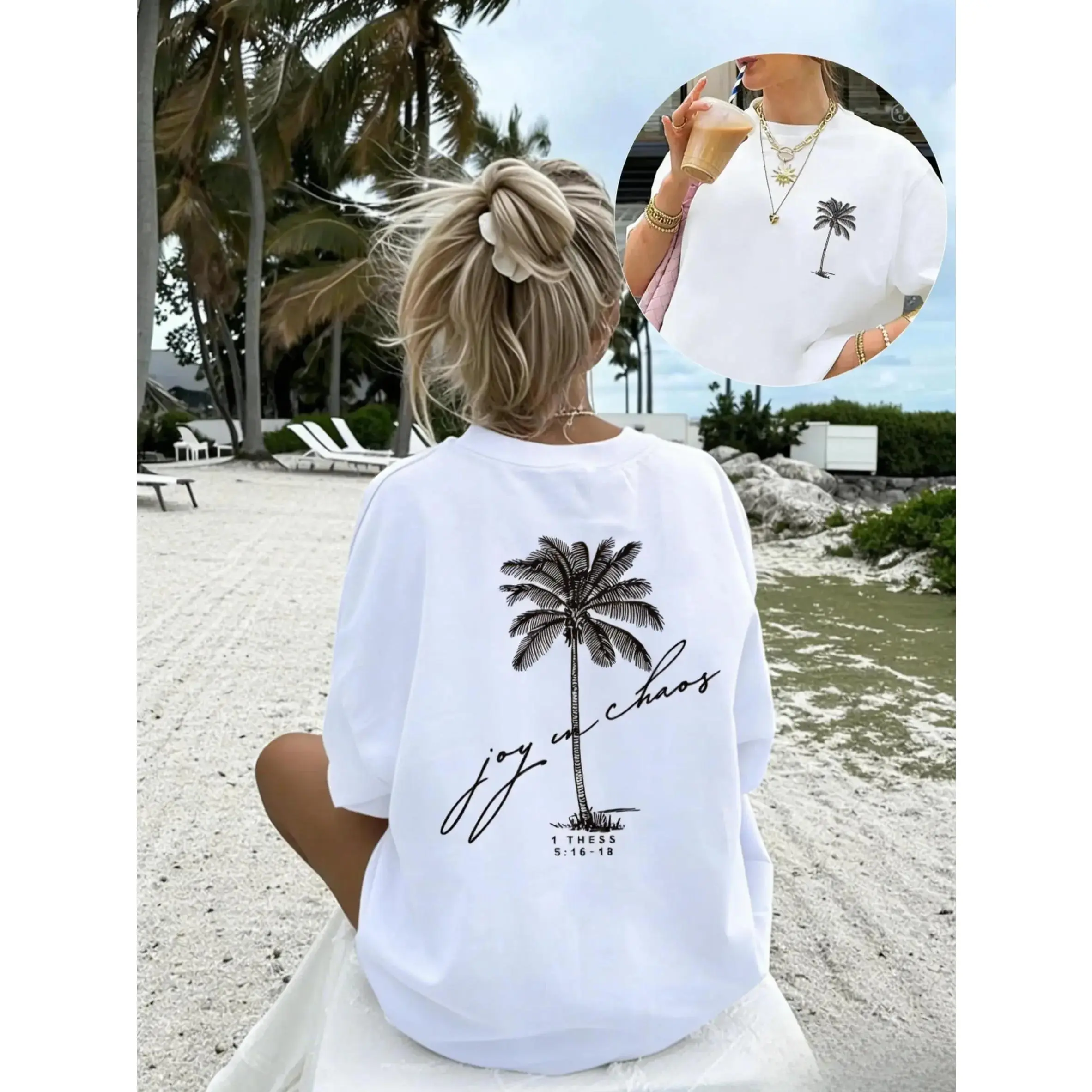 Women's Loose-Fit Casual Round Neck T-Shirt, Coconut Tree Print, Soft Breathable Fabric, Perfect for Daily and Beach Wear, Stylish Comfortable Multi-Purpose Shirt, Lady