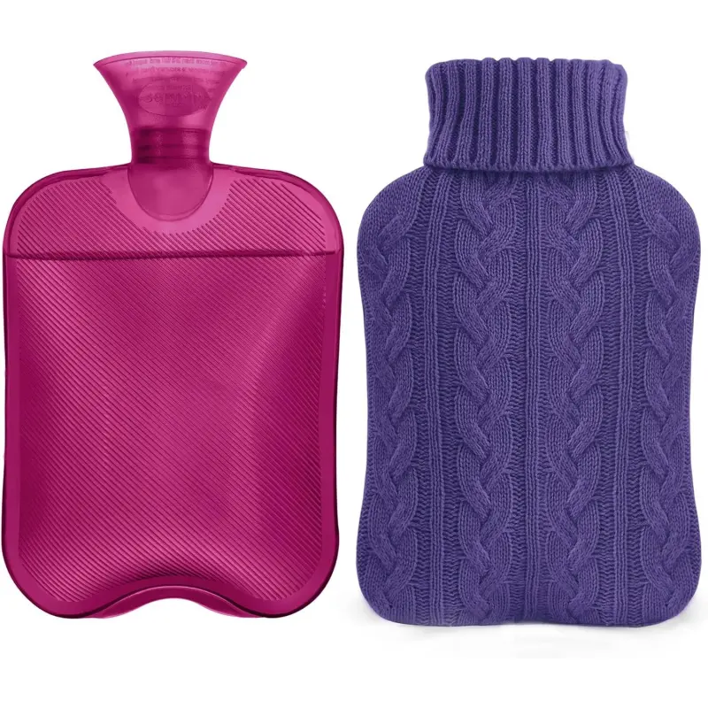Hot Water Bottle with Knitted Cover, 2L Hot Water Bag for Hot and Cold Compress, Hand Feet Warmer, Ideal for Menstrual Cramps, Neck and Shoulder, Purple