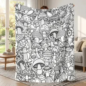 Mushroom Graffiti Coloring Blanket 2D Flat Soft Plush Throw All Season Cozy Fluffy Blanket Artsy Dorm Room Decor Bedding Fathers Day Birthday Gift Idea Adults Kids