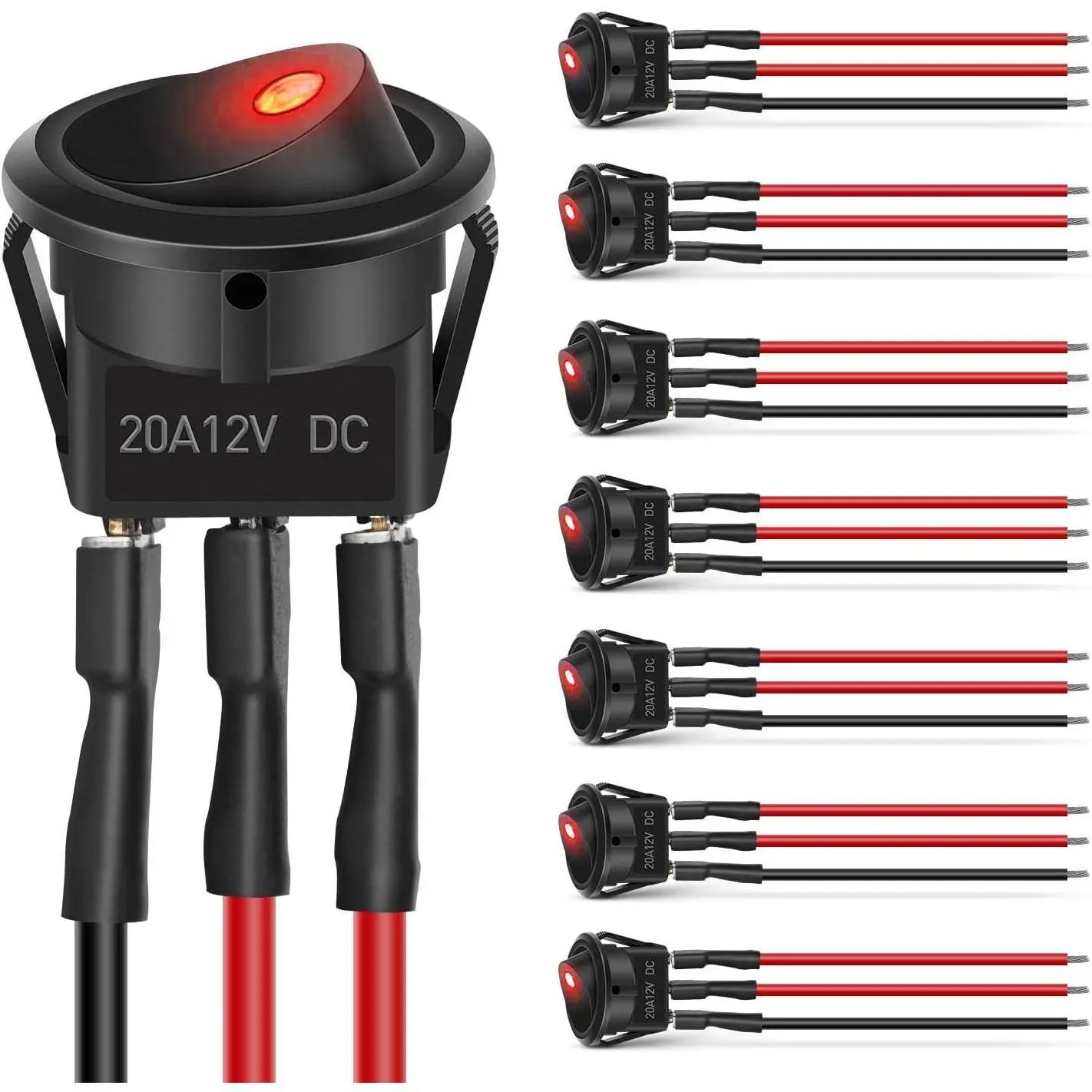Nilight 8PCS Round SPST Rocker Switches, 12V-24V 20A Red LED Toggle Switches with 16AWG Presoldered 16 x Red Wires, 3Pin 2Position for Car, Truck, Off Road Vehicles, Wranglers, Boat, Marines On-Off Control