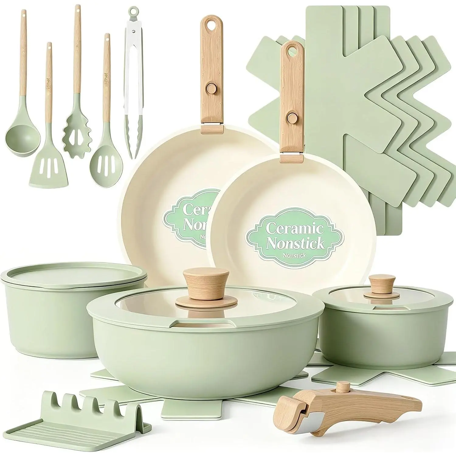 Non Stick Pots and Pans Set, 21 count Ceramic Kitchen Cookware Set with Detachable Handle, Nonstick  Induction Cookware, Dishwasher RV Cookware Set, Oven Safe, Stackable, Sage Green