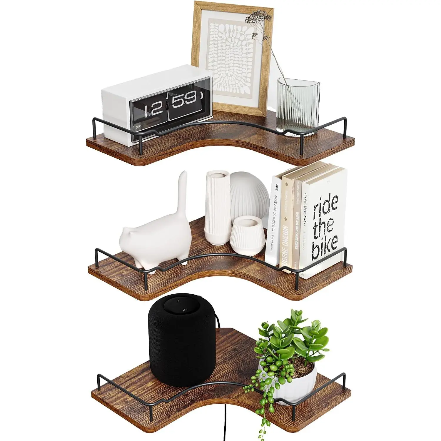 L-Shaped Corner Floating Shelves Set of 3,Rustic Wood Wall Mounted Storage Shelves,Display Shelf for Bathroom, Kitchen,Bedroom, Living Room, Office (Brown)