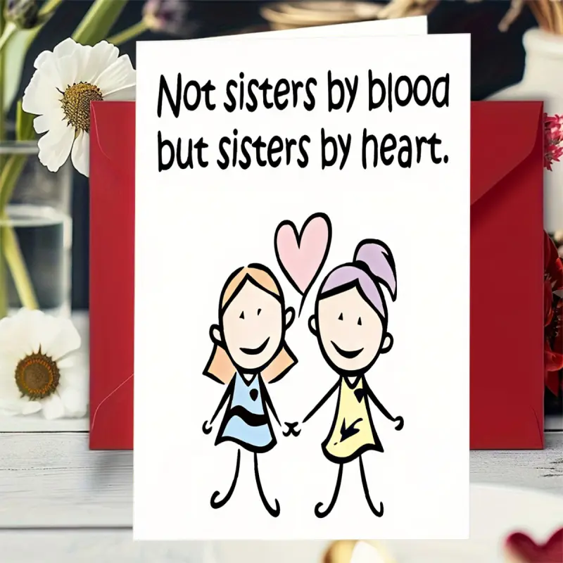 1-piece set of heartwarming friendship greeting cards for sisters. Not sisters by blood, but sisters by heart. Cartoon illustration of girls holding hands. Blank pages inside. Suitable for a best friend's birthday or special occasions