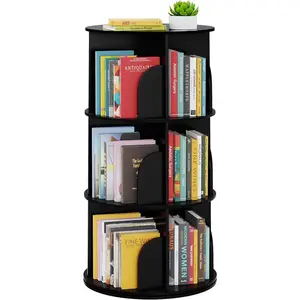 3 Tier Rotating Bookshelf Tower, Spinning Bookcase Lazy Susan, Revolving 360 Book Shelf Storage Round Carousel, Vertical Rotate Turning Spiral Corner Organizer, Black