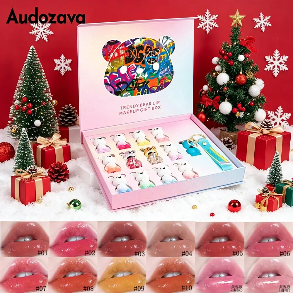 Christmas Limited Edition Cartoon Bear Lip Gloss Makeup Gift Set, 12 Pcs Cute Mini Bear Keychain Lip Oil, Long-Lasting Moisturizing Shine
