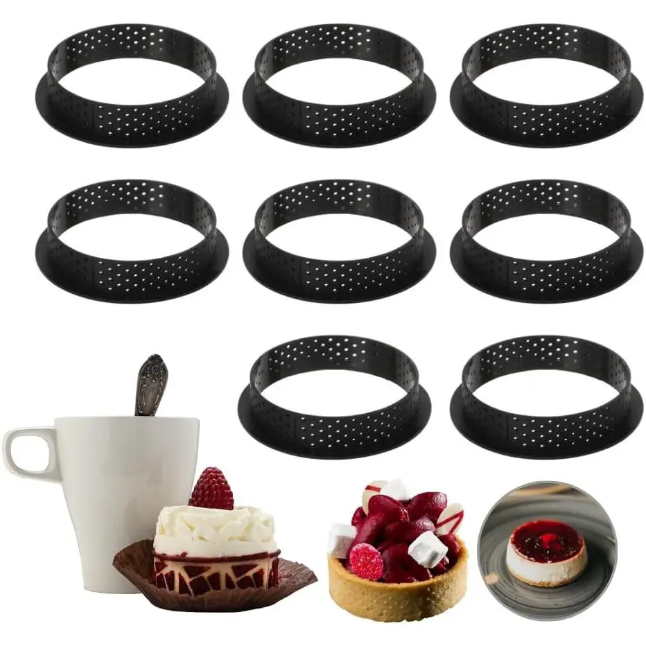 Round Tart Rings Tart Bottom Tower Cake Ring Mold Non Stick Perforated Tart Rings for Mousse Cheese Cake Muffin Pie Kitchen Baking Tart Molds (Round)