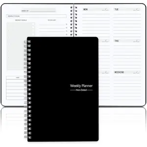 Undated Weekly Planner, Weekly Goals Notebook, A5  Planner, Habit  Journal with Spiral Binding, 5.7 x 8.0 in, Black
