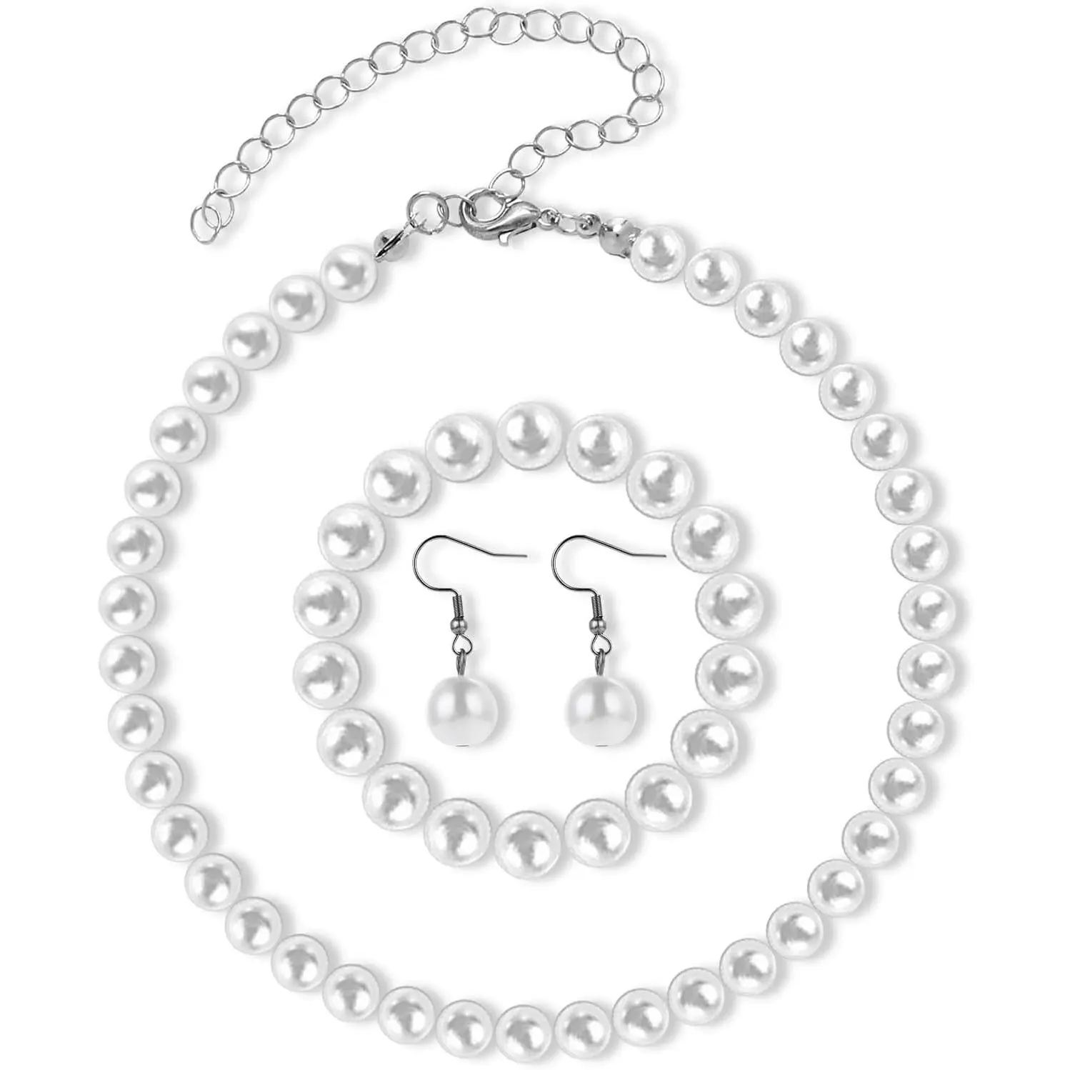 Necklace and Earring Set White   Set for Women Brides Wedding (8mm Necklace+10mm Earring Bracelet)