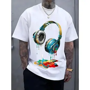 Men’s Oversized Graphic  T-Shirt with Vibrant Headphone Print, 180g Cotton Crew Neck Tee, Casual funny Streetwear graphic tee