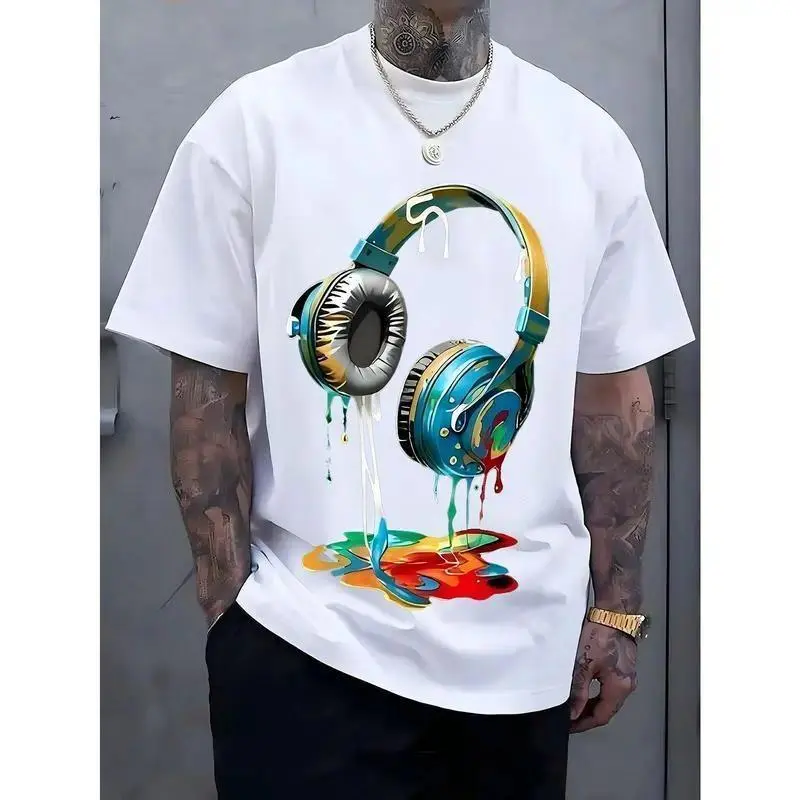 Men's Oversized Graphic T-Shirt with Headphone Print, Casual 100% Cotton Streetwear Top, Round Neck Short Sleeve Tee, Tshirt, Shortsleeve, Menswear, Street Chic, Fashion, Oversized Cut, Basic