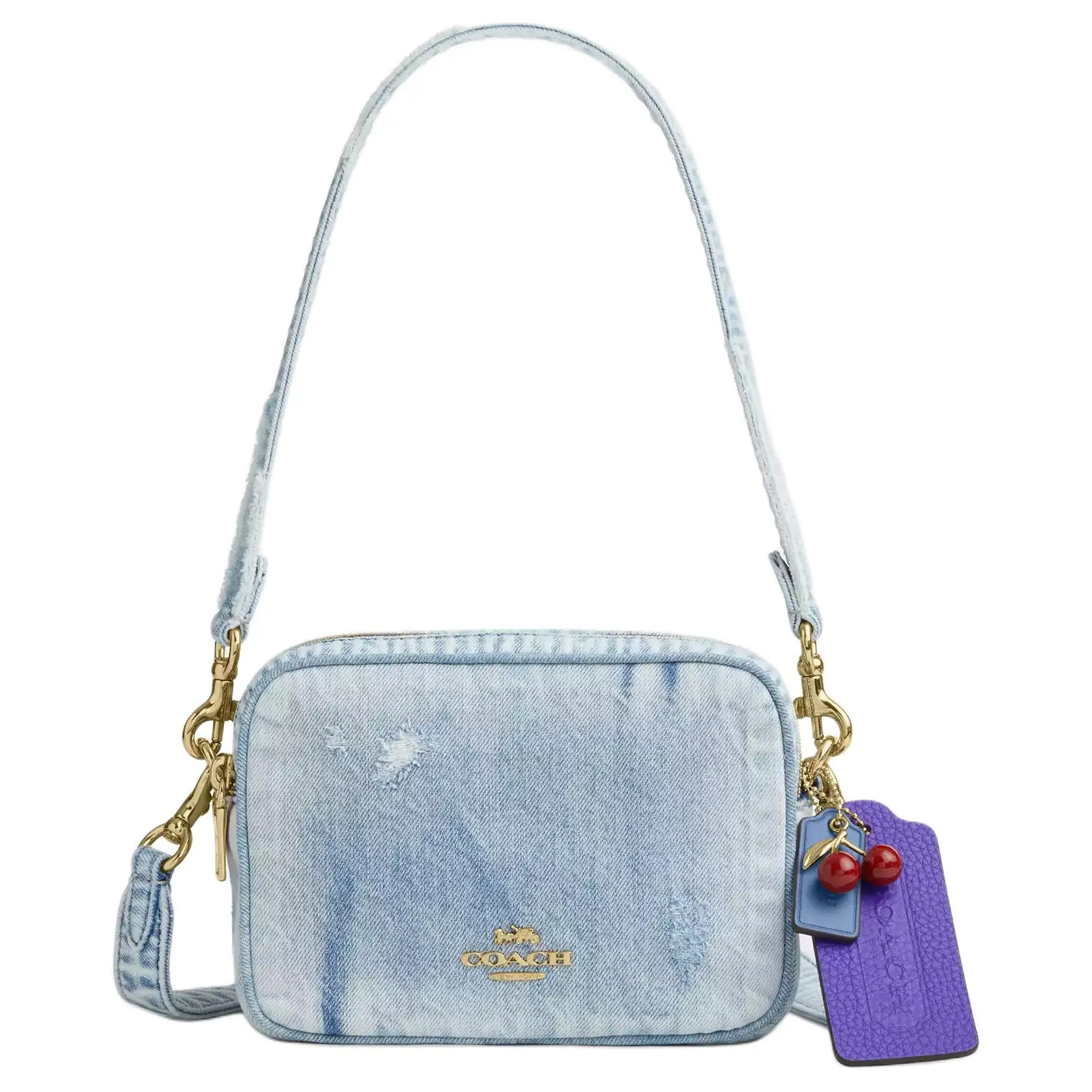 COACH Carey 18 Sling Bag for Women – Denim and Smooth Leather with Pendant, Small Size, Gold and Light Indigo