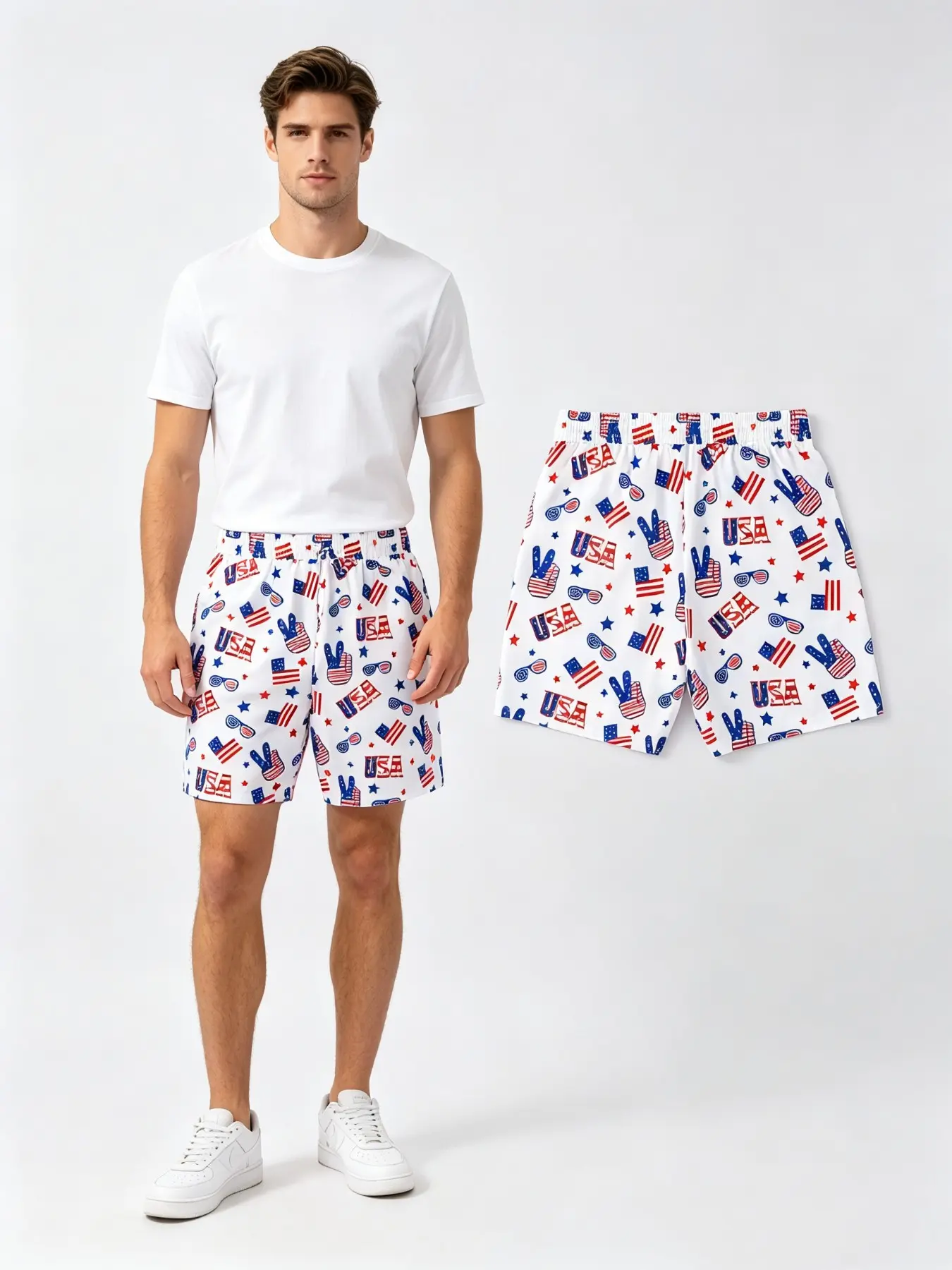 Unisex Patriotic USA Flag Star Peace Hand Graphic Casual Shorts Elastic Drawstring Waist Lightweight Breathable Summer Daily Short Pants With Side Pockets Holiday Vacation Outfit For Men Women Beach Street Daily Activities.