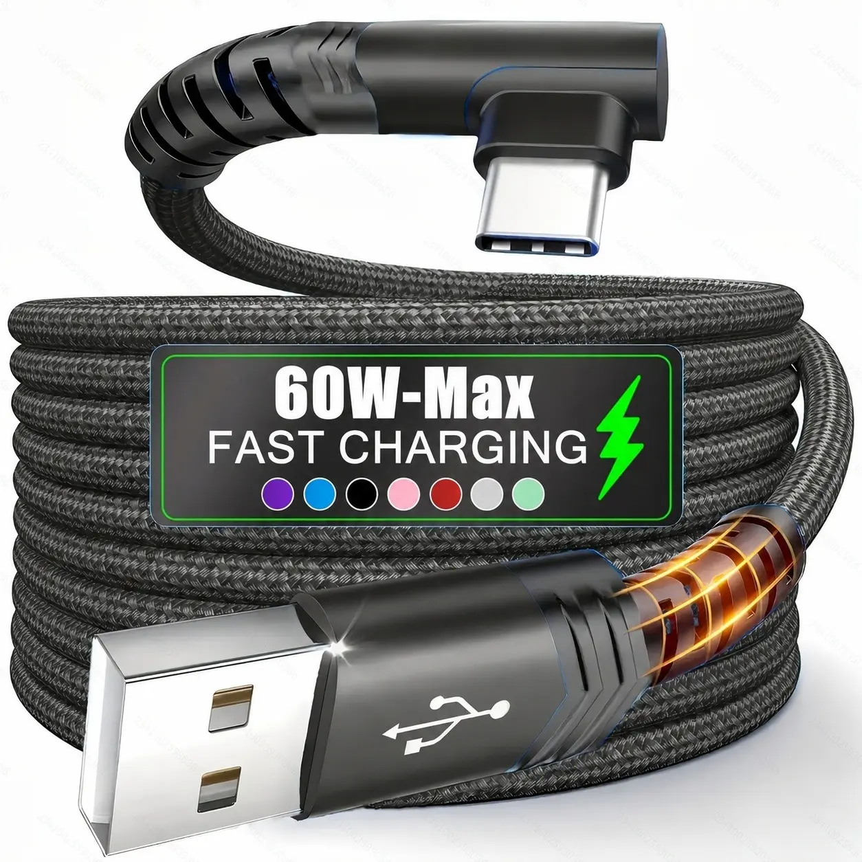 60w Fast Charging USB-A to USB-C Cable, 90 Degree Braided Durable Type-C Charger, Compatible with iPhone, Galaxy, Lg, Moto, Xiaomi, Oppo, Oneplus