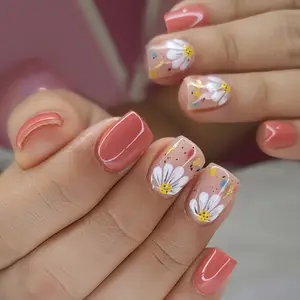 24pcs Short Square Shape Nail Art Set, Elegant Sunflower Design Dot Stripe French False Nails, Spring Summer Fashion Removable Press-On Manicure Kit