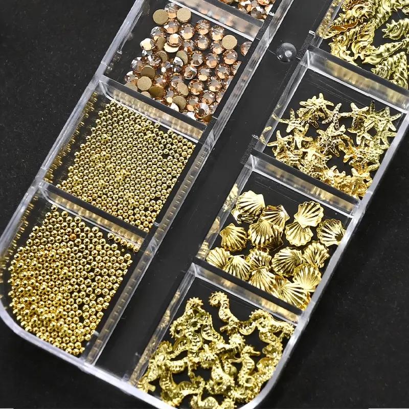 12 Grids 3D Ocean Nail Art Decorations, Mixed Sea Horse Starfish Conch Pearl Mini Caviar Beads Rhinestones, Seahorse Nail Art